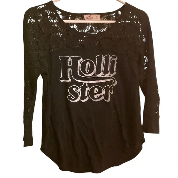 Hollister Tops - Hollister Lace Half Sheer T-Shirt Jersey Black Sz XS